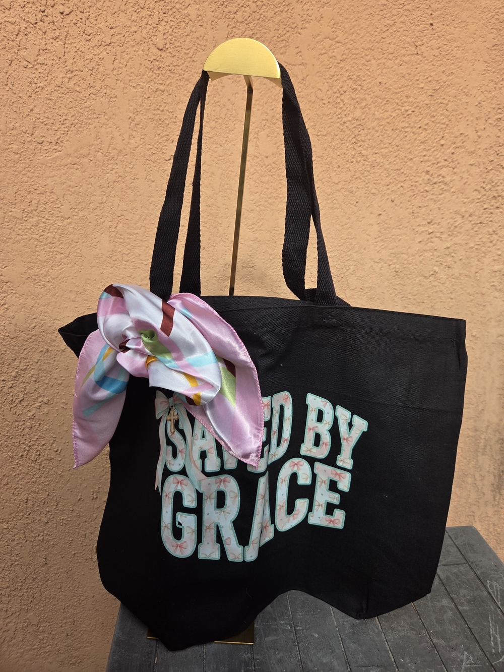 Black 'Saved By Grace' Tote Bag with Pink Scarf